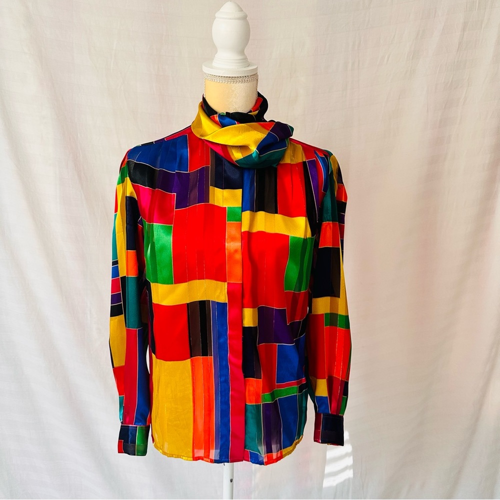 Vintage 80s Bright High Neck Blouse Tie Neck La Chine Classic Galinda Wang M/L